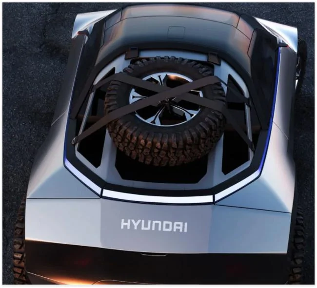 Cybercab Robotaxi HYUNDAI EGG COMPACT PICKUP TRUCK with spare tire. Hyundai EGG compact pickup truck carries a miniature Cybertruck vibe - Yanko Design 2022-01-0