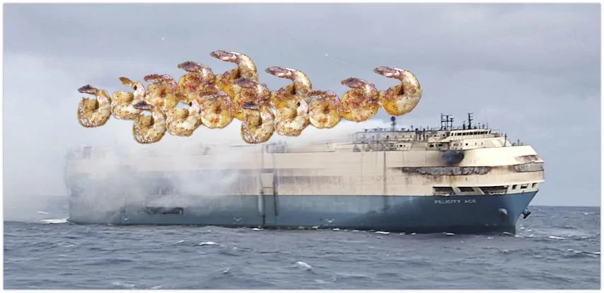 Cybercab Robotaxi Ship carrying EVs burning out of control Shrimp on barbi