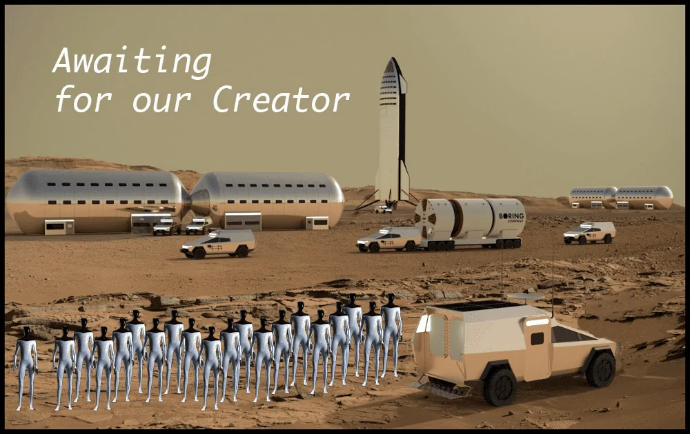 Cybercab Robotaxi Starship Orbital Test Flight - 4/20 Launch Mars base bot waiting for creator
