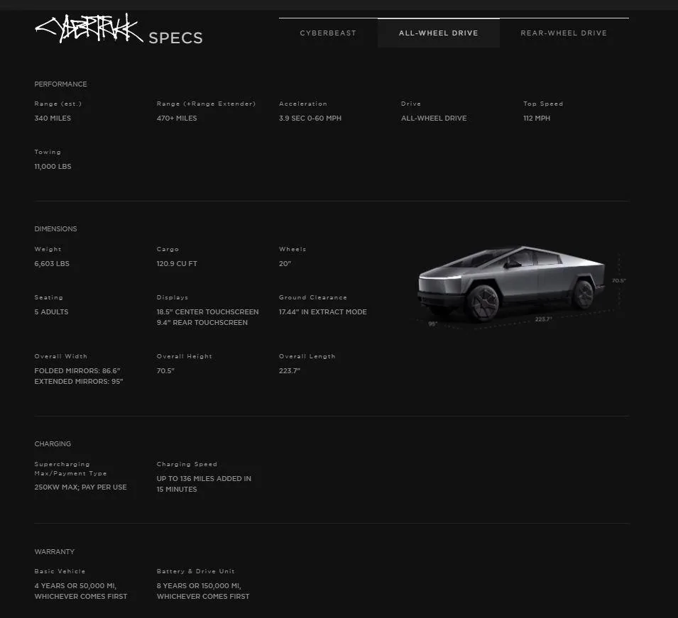 Cybercab Robotaxi Tesla Cyber Truck web Site prices, options, models wow AWD Specs