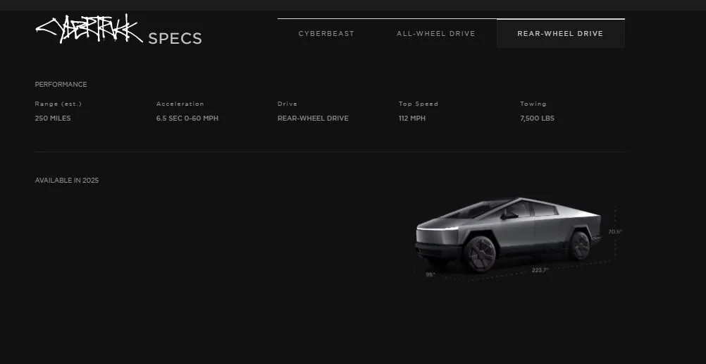 Cybercab Robotaxi Tesla Cyber Truck web Site prices, options, models wow RWD specs