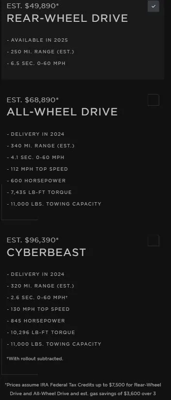 Cybercab Robotaxi Tesla Cyber Truck web Site prices, options, models wow prices