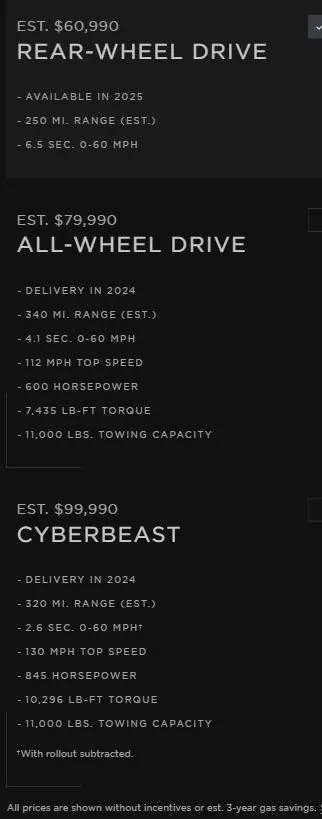 Cybercab Robotaxi Tesla Cyber Truck web Site prices, options, models wow actual prices