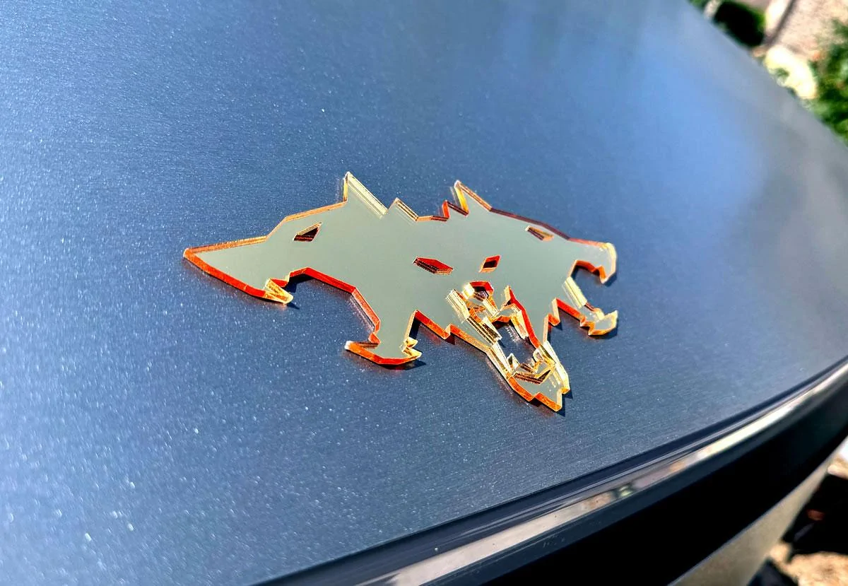 Cybercab Robotaxi ? Metallic Silver Cyberbeast 3D Laser-Cut Emblems emblem-gold-hood-close-sid