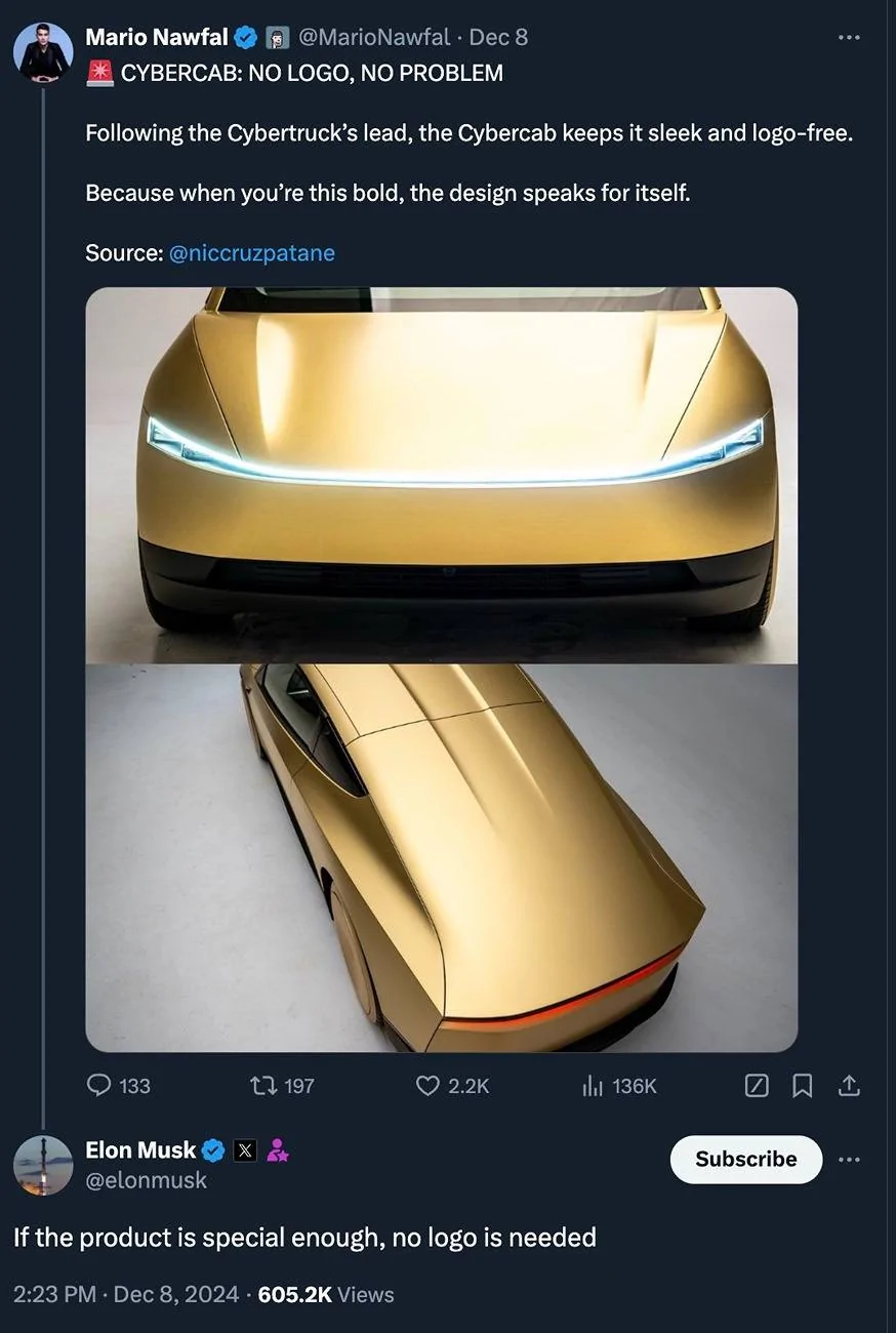 Cybercab Robotaxi Why no logos on Cybertruck & Cybercab? -- Musk: "If the product is special enough, no logo is needed" no logos cybercab cybertruck