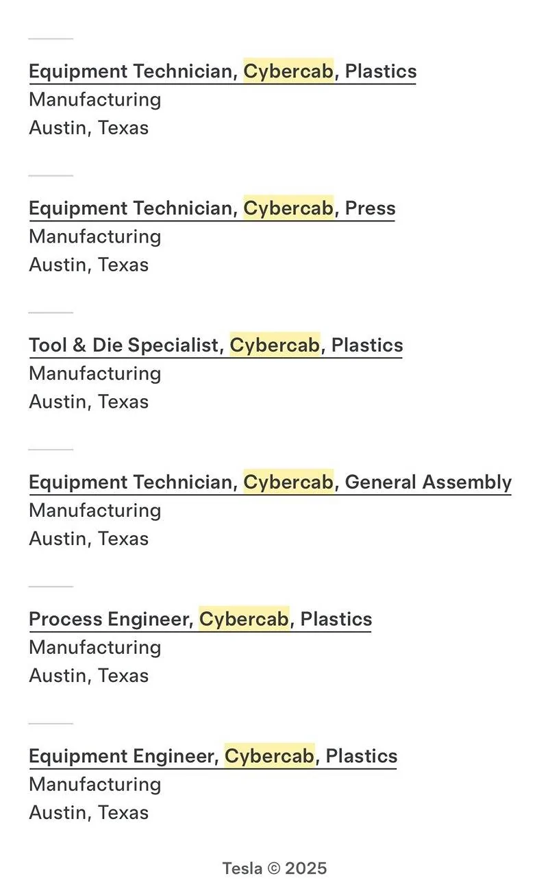 Cybercab Robotaxi Breaking: Tesla begins hiring for Cybercab production / assembly jobs at Giga Texas Cybercab production : assembly jobs at Giga Texas 1