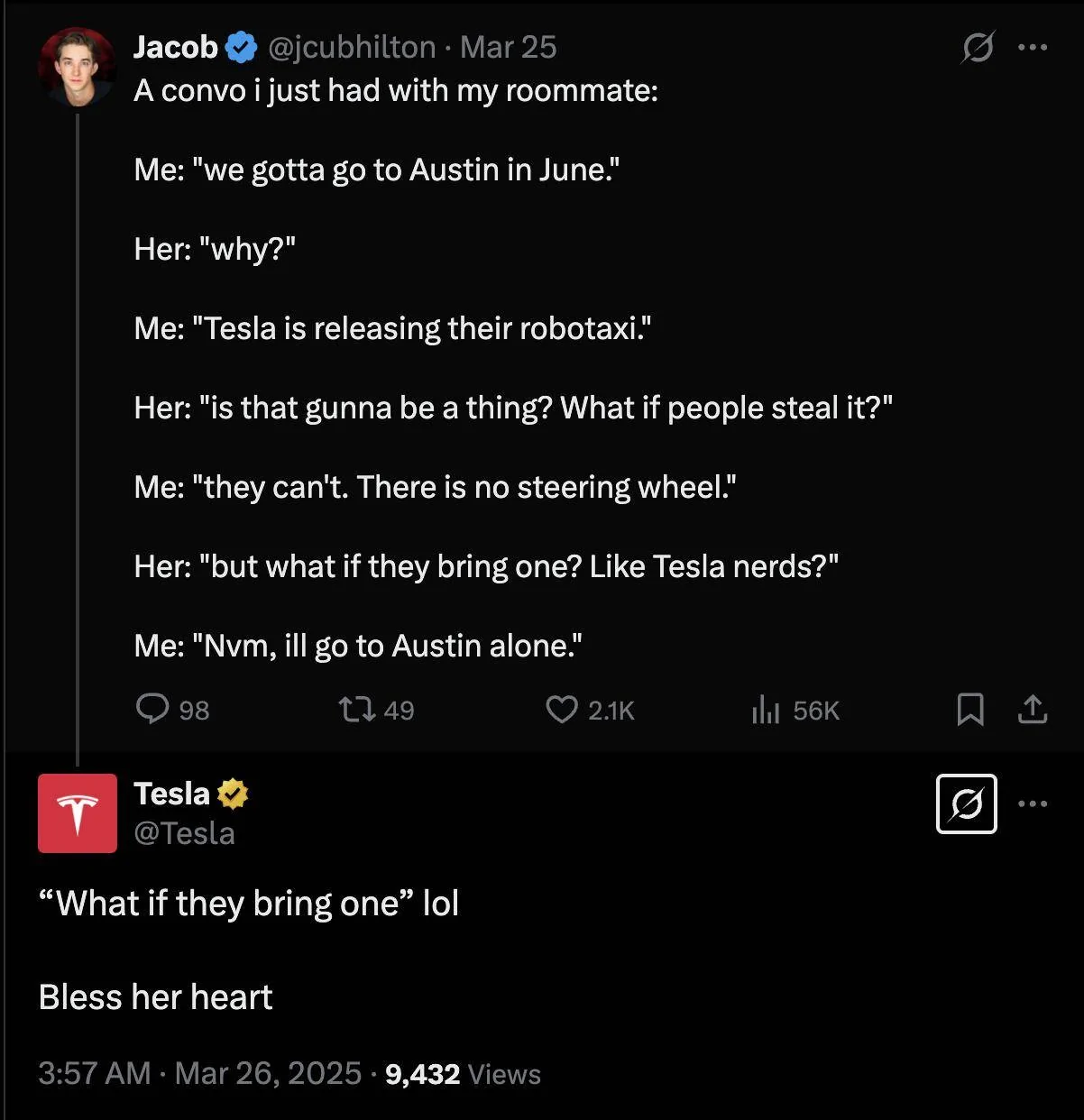 Cybercab Robotaxi "Bless her heart"   LOL Screenshot 2025-03-27 at 06.28.42