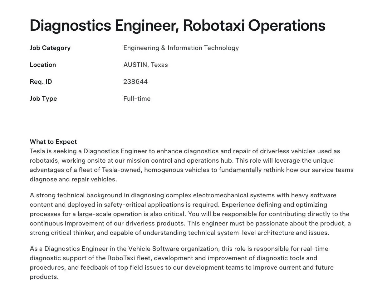 Cybercab Robotaxi Robotaxi diagnostics engineer job listing in Austin, Texas. Goq7rwUXQAAVRmG