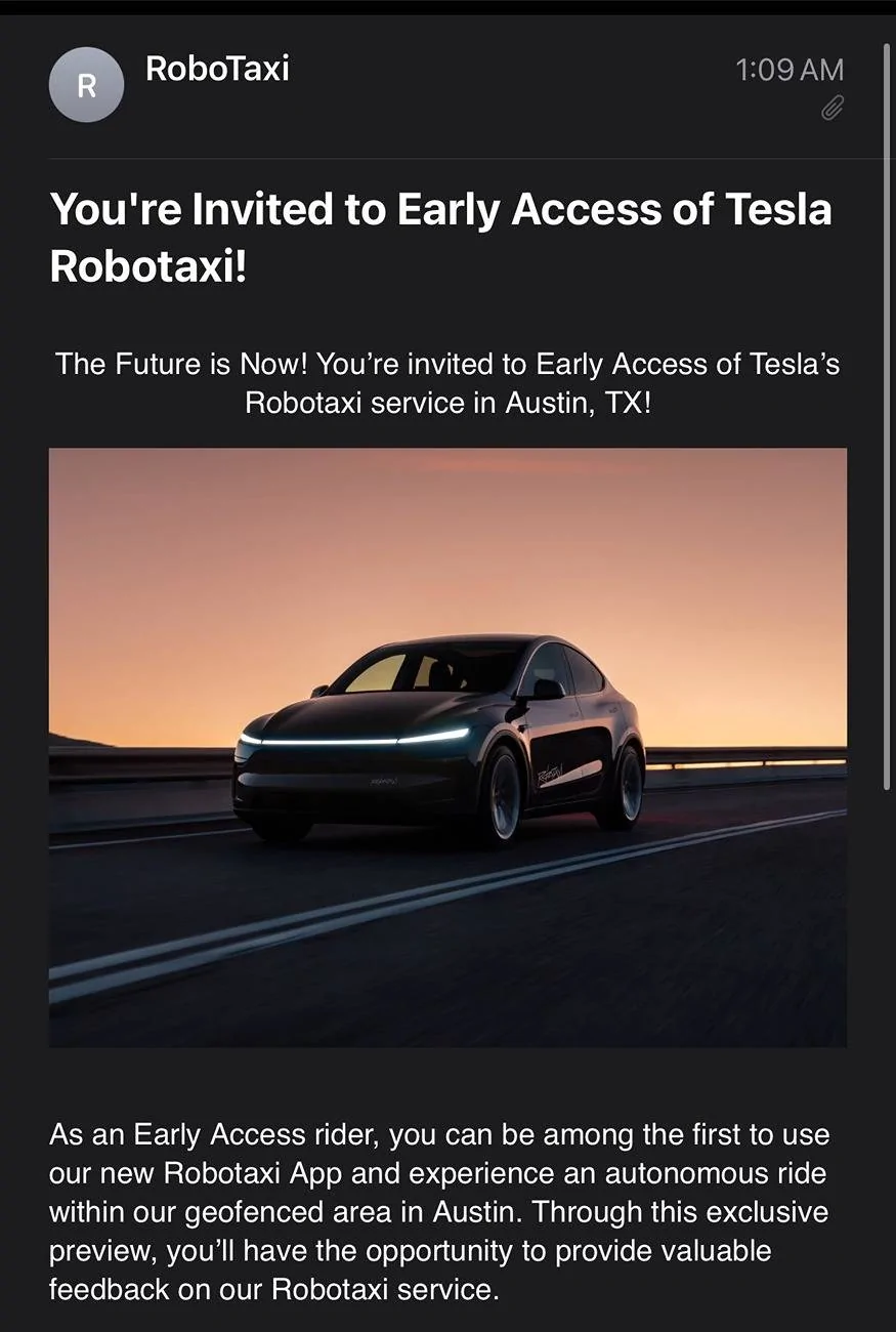 Cybercab Robotaxi Tesla sends early-access invites for Robotaxi day-one rides this Sunday (June 22)! Gt3SJVZXMAA9g8k