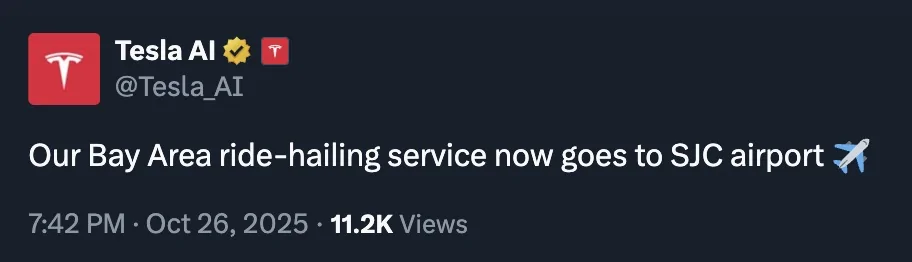 Cybercab Robotaxi Bay Area Robotaxis can now pick up from San Jose airport! Screenshot 2025-10-26 at 7.50.49 PM