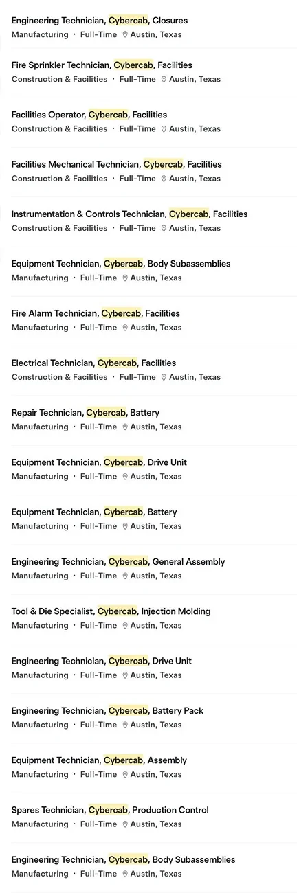 Cybercab Robotaxi 13 job openings related to Cybercab production now listed G4RmpFlWsAA80ND