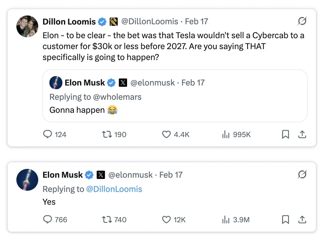 Cybercab Robotaxi Musk confirms Tesla Cybercab sales to regular owners before 2027, priced at $30,000 or less Screenshot 2026-02-19 at 5.17.30 AM