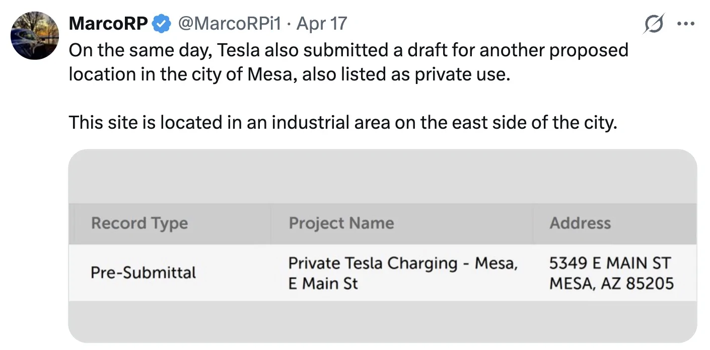 Cybercab Robotaxi Robotaxi Charging Station Hub plans revealed. First sites in Chandler & Mesa, Arizona Screenshot 2026-04-21 at 10.00.16 AM